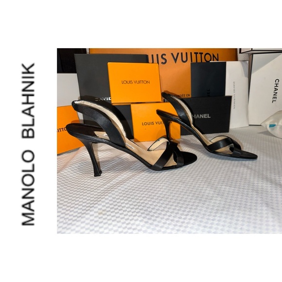 Manolo Blahnik Black Satin and Leather Heels. size 41/fits a size 10 - Picture 1 of 11